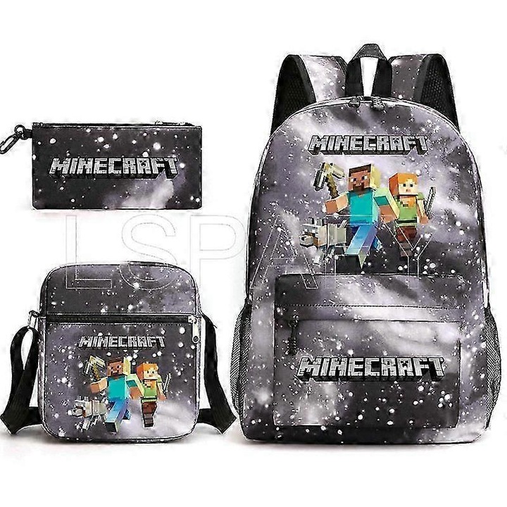 Ghiozdan set 3 piese Minecraft, copii, impermeabil, capacitate mare, 22cm