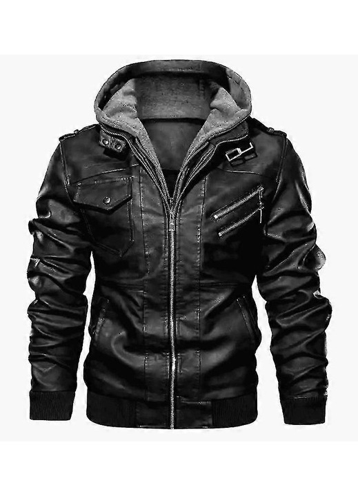 Geaca barbati cu gluga din piele ecologica, Negru