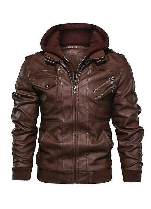 Geaca barbati cu gluga din piele ecologica, Maro