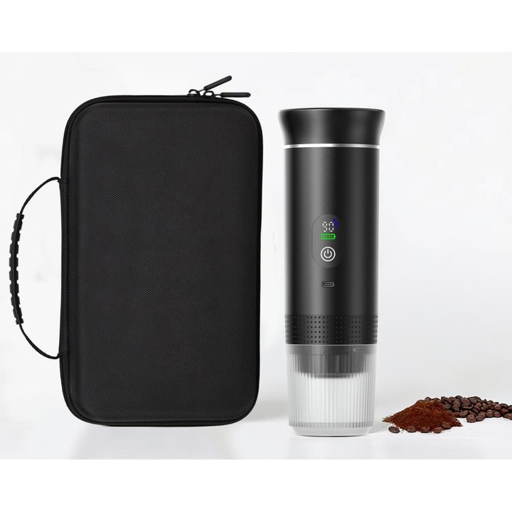 Espressor portabil 3 in 1 cu afisaj digital, versiunea produsului 2.0 cu geanta de transport, compact si portabil, negru