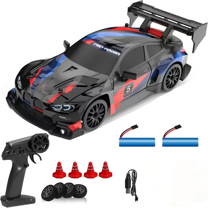 Кола за дрифт 1:24, 4WD, мини RC кола 2.4 GHz с LED светлини, най-добрият подарък за деца, черна