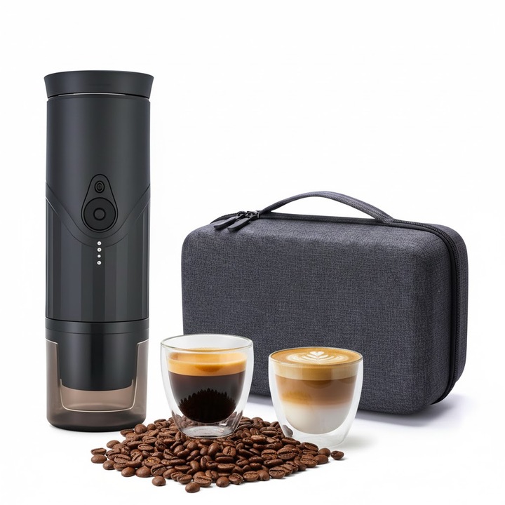 Espressor portabil premium, cu geanta de transport, incarcare USB, aparat de cafea rapid pentru camping si drumetii, negru
