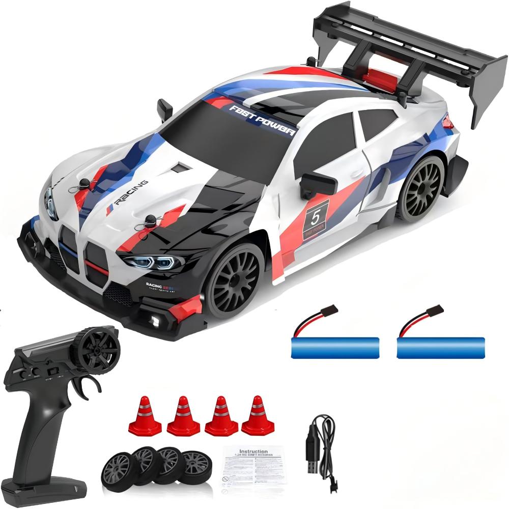 BuzzoXerex RC Drift, 1:24 RC Drift Car, 18 km/h, 4WD, op afstand bestuurde auto, met barricadeset, ledverlichting, op afstand bestuurde speelgoedauto voor kinderen vanaf 6 jaar (A