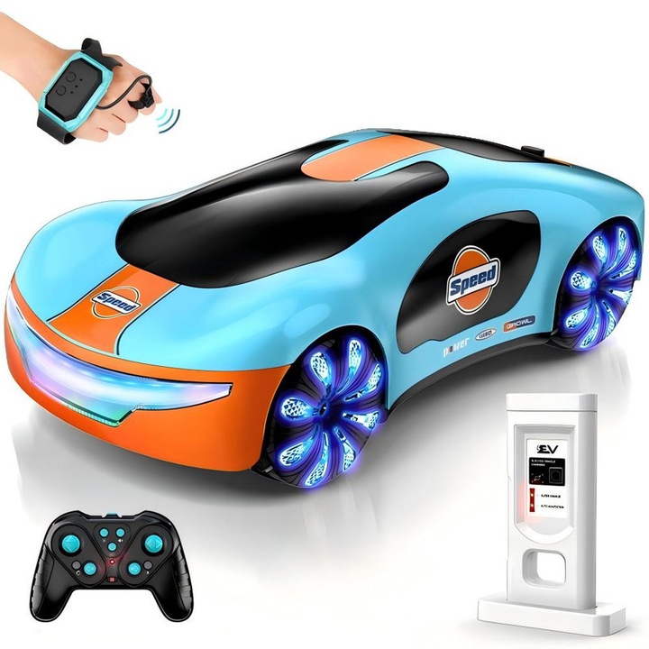 Футуристична кола с дистанционно управление, RC каскадьорска кола със сензор за жестове, спрей за светлина и звук, подаръци за рожден ден за деца, синьо-оранжево