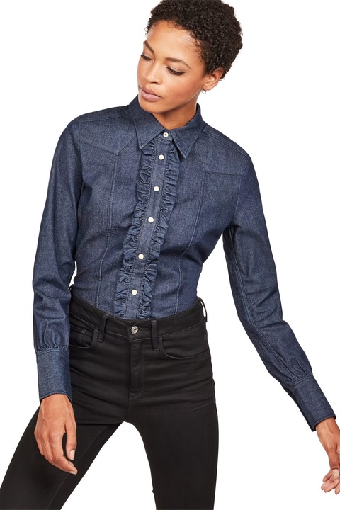 Cămașă denim de damă G-Star RAW Tacoma Clean Slim Frill Shirt, Light Weight Naryn Stretch, Bumbac, Albastru închis, Bleumarin