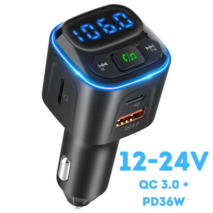 FM modulátor Bluetooth 5.3 autóba, FM transzmitter gyors töltéssel QC 3.0 + PD36W, MP3 lejátszó, kihangosító szett, LED kijelző, Mikrofon, USB/TF/BLUETOOTH, autós töltő 12-24V, fekete