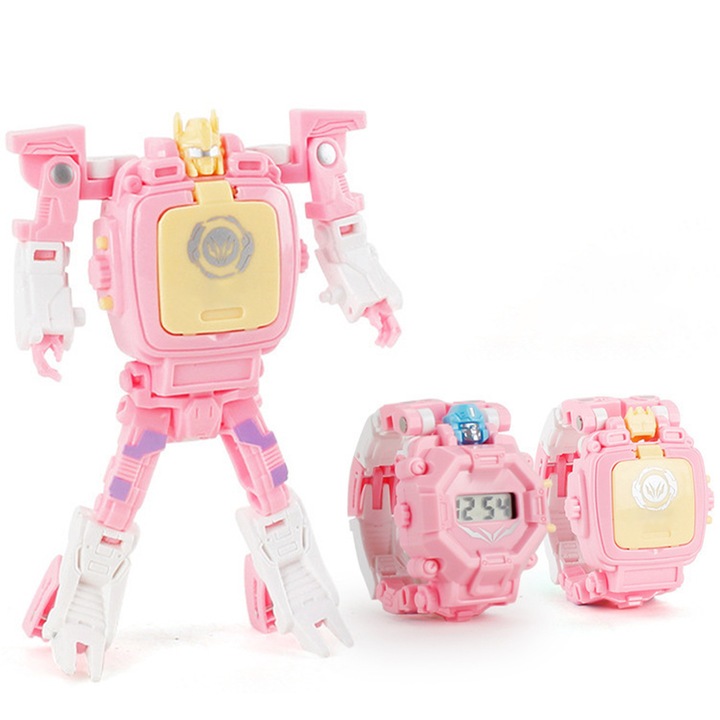 Ceas copii, TREXORA, transformabil 2-in-1, design robot, roz, 4.5x6x6cm