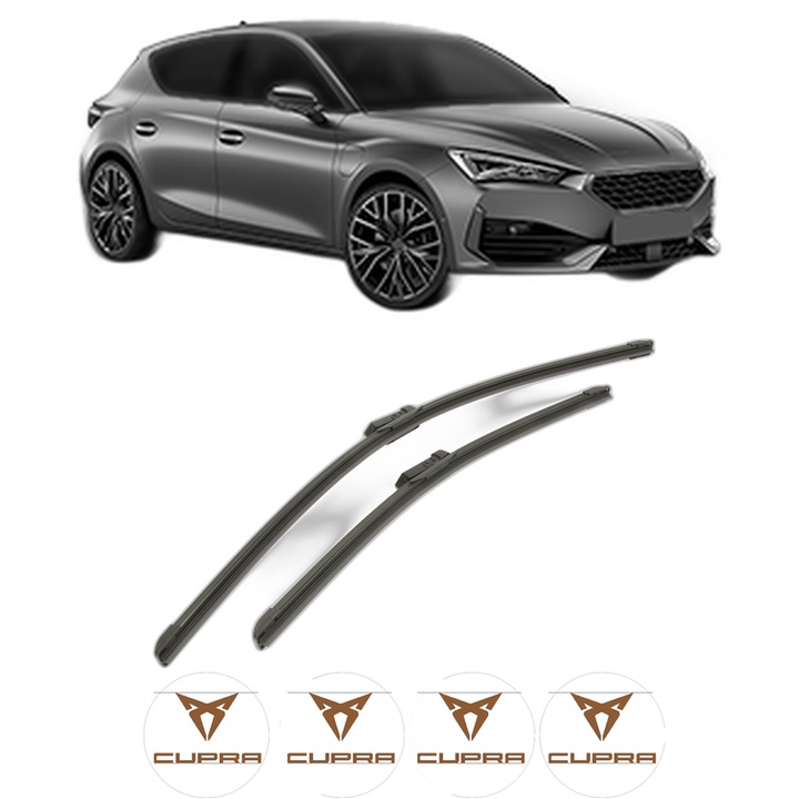 Set stergatoare auto CUPRA LEON (KL1, KU1, KUG) din 2020-2024, pentru parbriz auto, 2 bucati, Bosch Aerotwin, din cauciuc siliconat rezistent, 4 Stickere Auto CUPRA