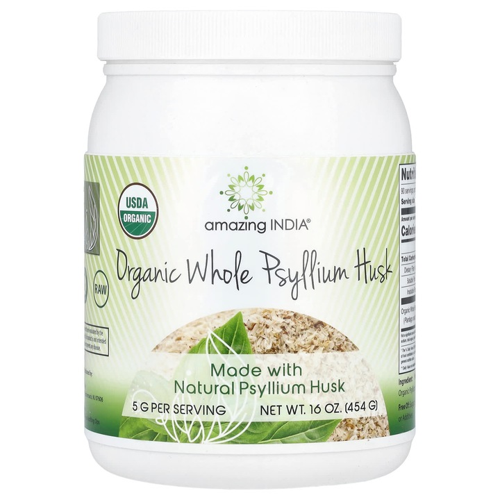 Supliment alimentar Psyllium intreg, Amazing India, organic, 454 g, fara gluten, vegan