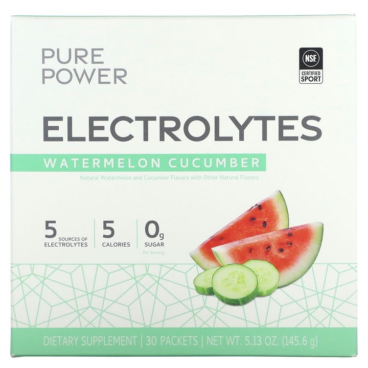 Supliment alimentar, Dr. Mercola Pure Power, Electrolytes, aroma de pepene verde si castravete, set 30 plicuri, 145.6 g