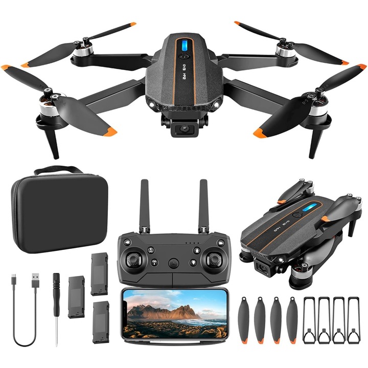 Мини дрон, с 2 видеокамери Hexacopter, Suness, 1080P, WiFi свързаност, сгъваем, USB зареждане, въртене на 360°, 3 батерии 1800mAh, оптично позициониране, регулируема предна камера, 100м дистанционно управление, с кутия за съхранение, черен/оранжев