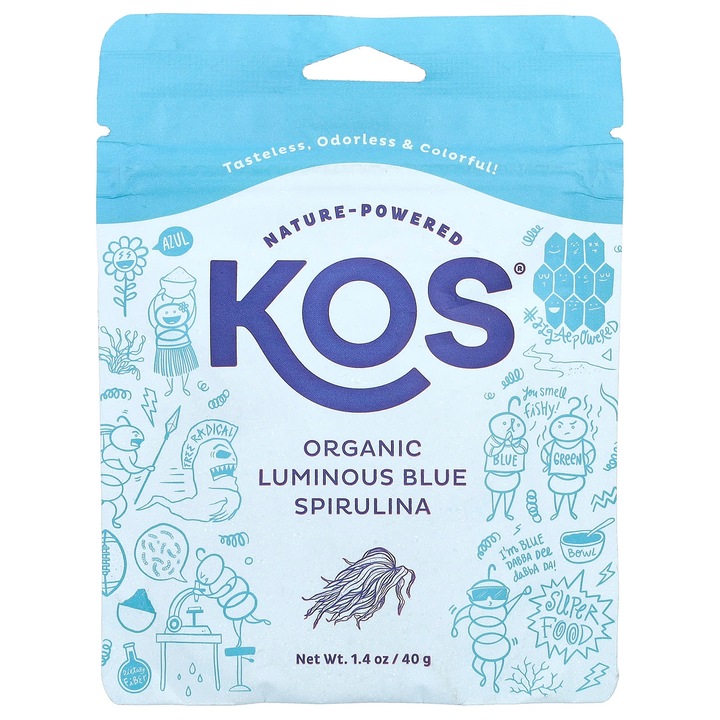 Pudra organica de spirulina KOS, 40 g, fara gluten, fara lactate