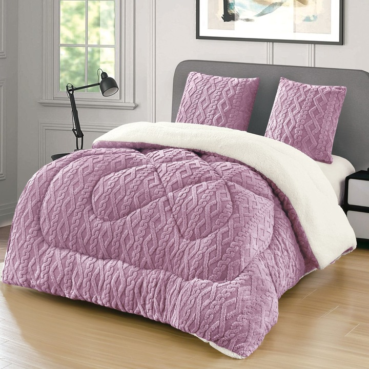 Set 3 Piese Pilota Cocolino Tricotata, Model in Relief 200x230 cm, 2 Fete de Perna 62x62 cm Culoare Lila