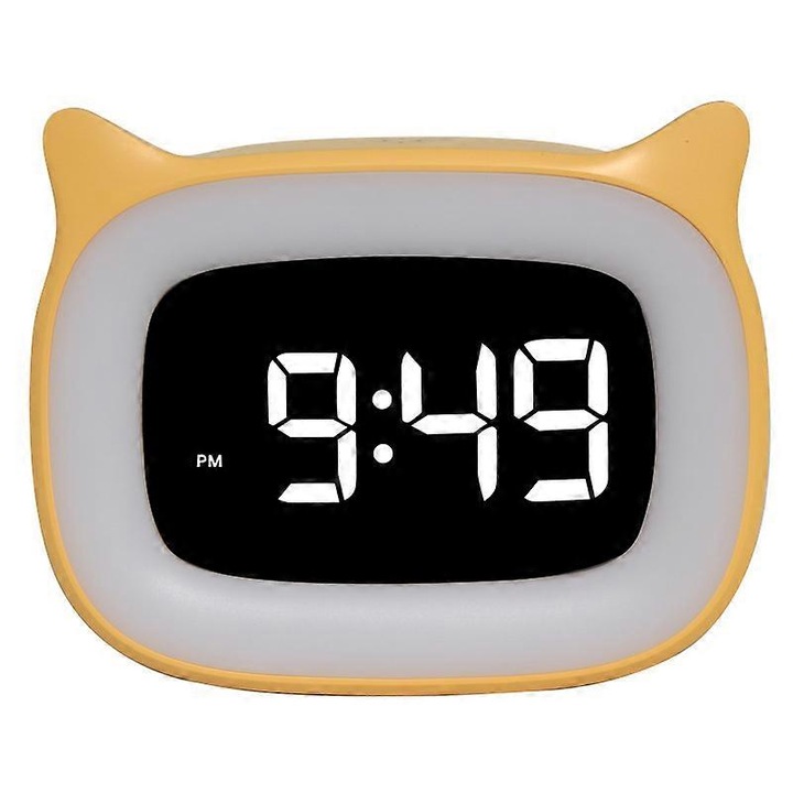 Ceas decorativ cu alarma pentru copii, design urechi de pisica, lumina nocturna reglabila, 18 melodii, portocalie