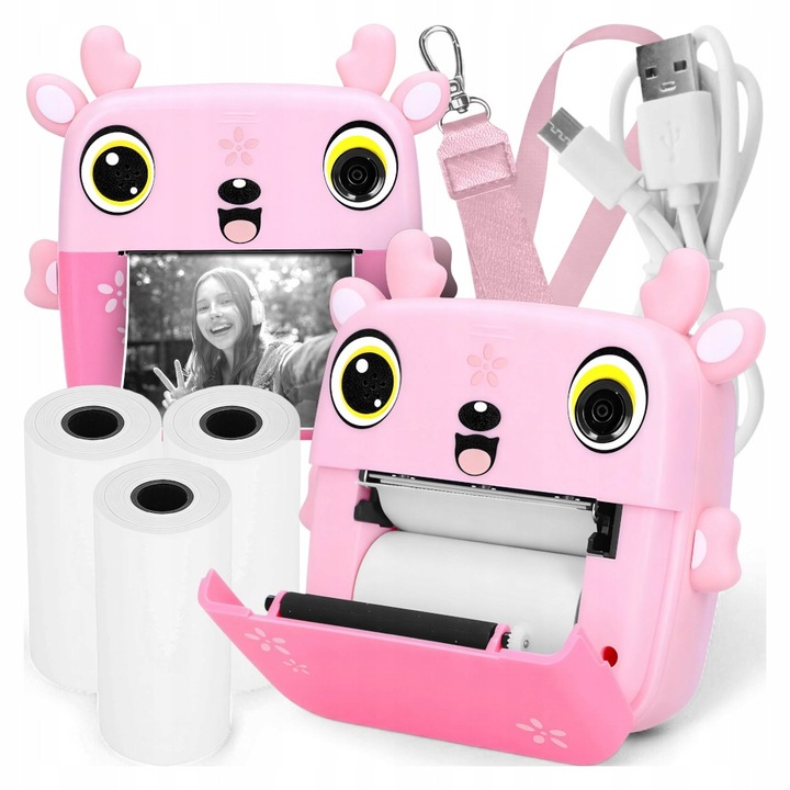 Aparat Foto Mini Cu Imprimanta Termica 3in1, 48Mpx, Filmare Full HD, Jocuri Educative, Ecran Mare 2.5”, USB-C, 3 Role Hartie Cadou, Cadou Creativ Pentru Copii, Roz