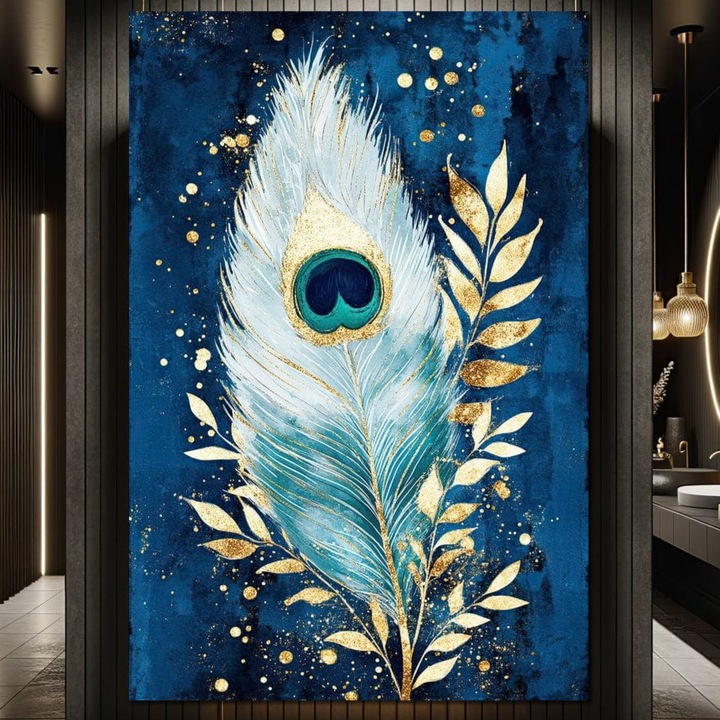 Tablou Canvas Premium, LuxCanva® M1402, O Pana Fermecata, 100 X 150 CM, Panza Bumbac 100% 400g/m2, Sasiu Lemn, Paun, Penaj, Auriu, Stralucitor, Elegant, Lux, Exotic, Rafinament, Detaliat, Abstract, Birou, Living, Camera Copil