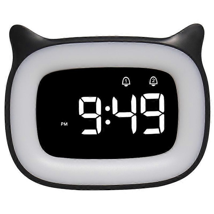 Ceas decorativ cu alarma, design urechi de pisica, 18 melodii, lumina nocturna, dimabil, negru