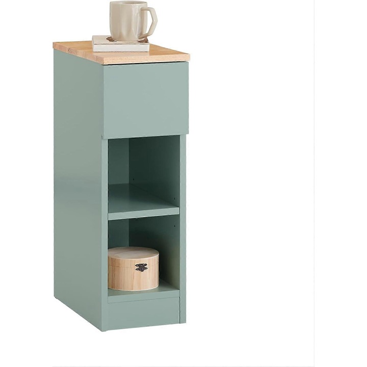 Mese laterala moderna, verde si natural, 20x35x61cm, cu sertar si compartimente de depozitare