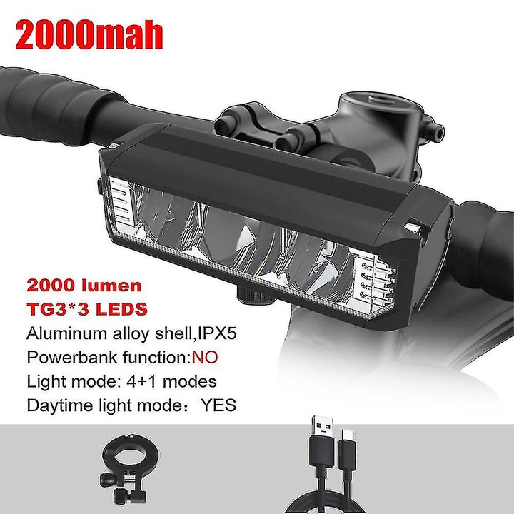 Kerékpár lámpa 6000lm, 8000mah, vízálló IPX5, kormánytartó 22-33mm, 4-5 világítási mód