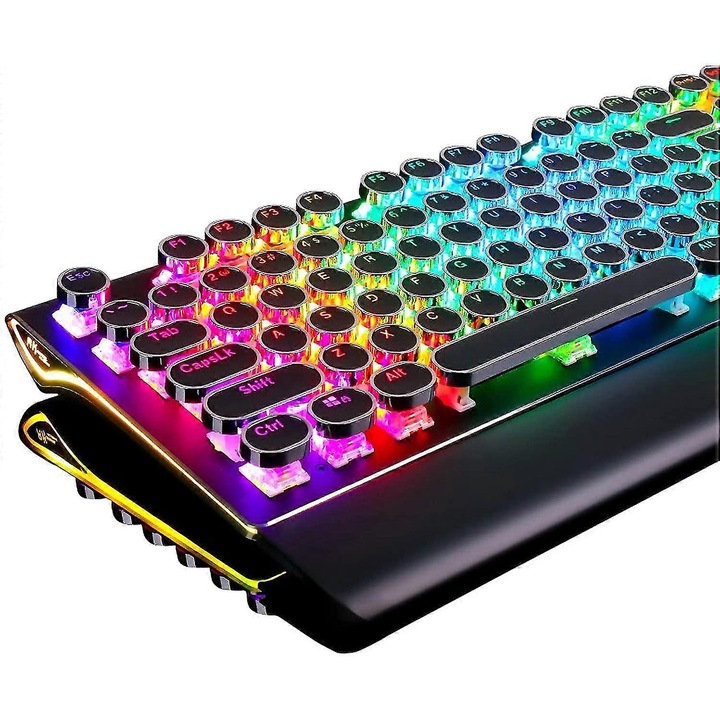 Tastatura mecanica retro cu iluminare RGB, 108 taste, suport pentru incheieturi detasabil, design ergonomic, multicolor