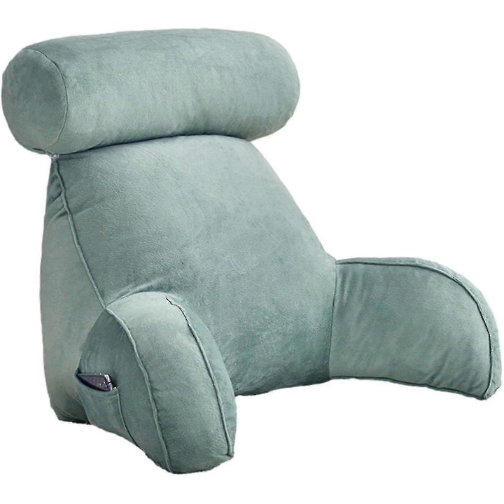 Възглавница за четене, опора за гърба, с подлакътници, с странични джобове, подвижна възглавница за врат, мента, 75x40x40см