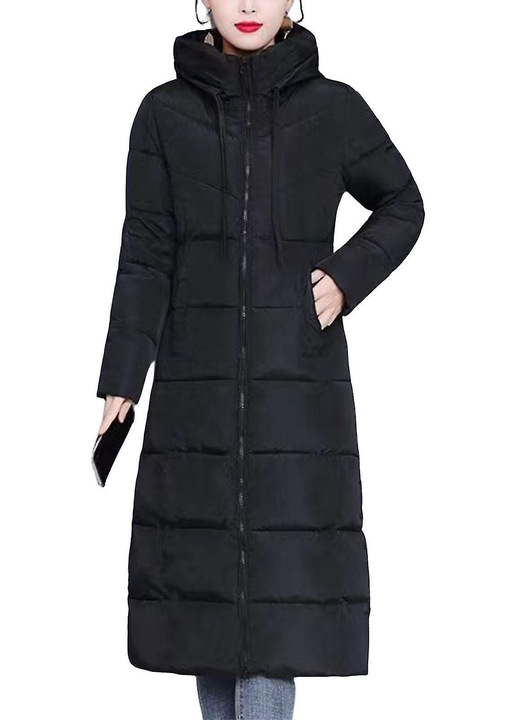 Geaca de dama casual din puf, lunga, neagra, material premium, design slim fit