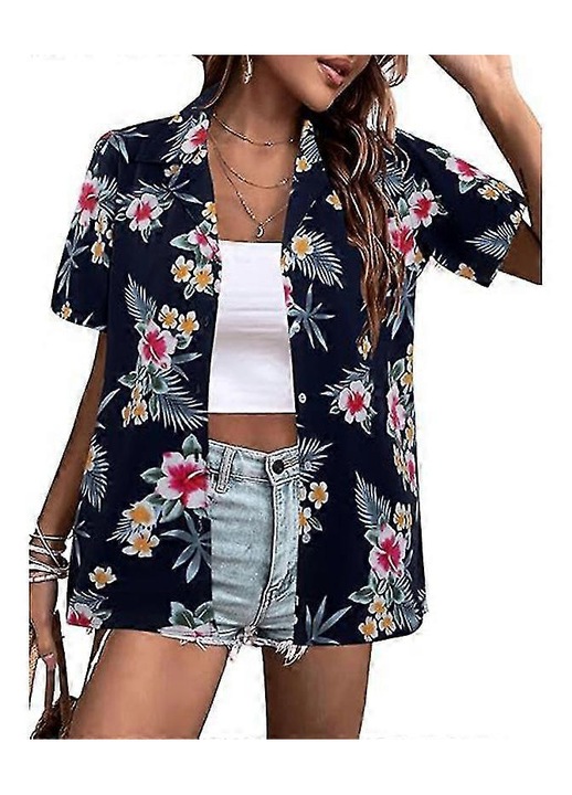 Női hawaii ing, trópusi virágmintás, fekete, puha anyagú, hétköznapi