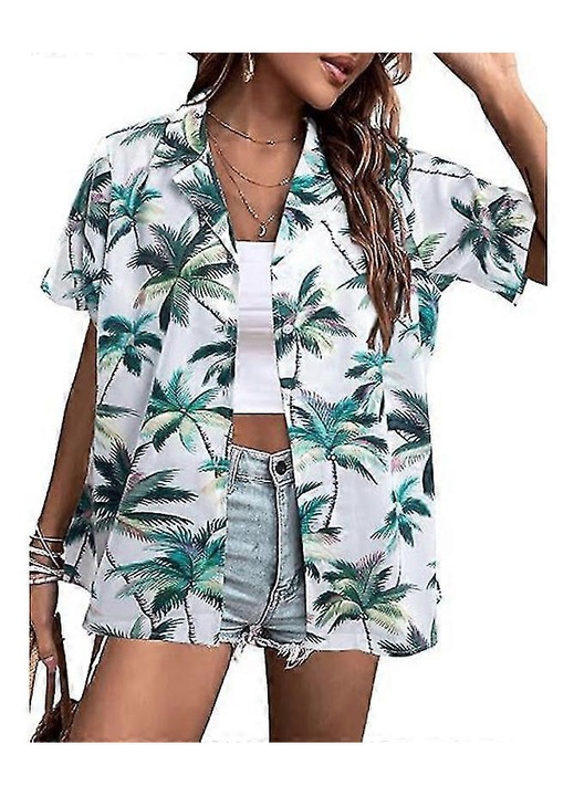 Camasa dama, imprimeu floral tropical, verde, material moale