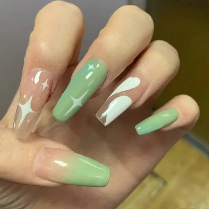 Unghii false presate, 24 bucati, lungime medie, verde gradient, accesorii nail art
