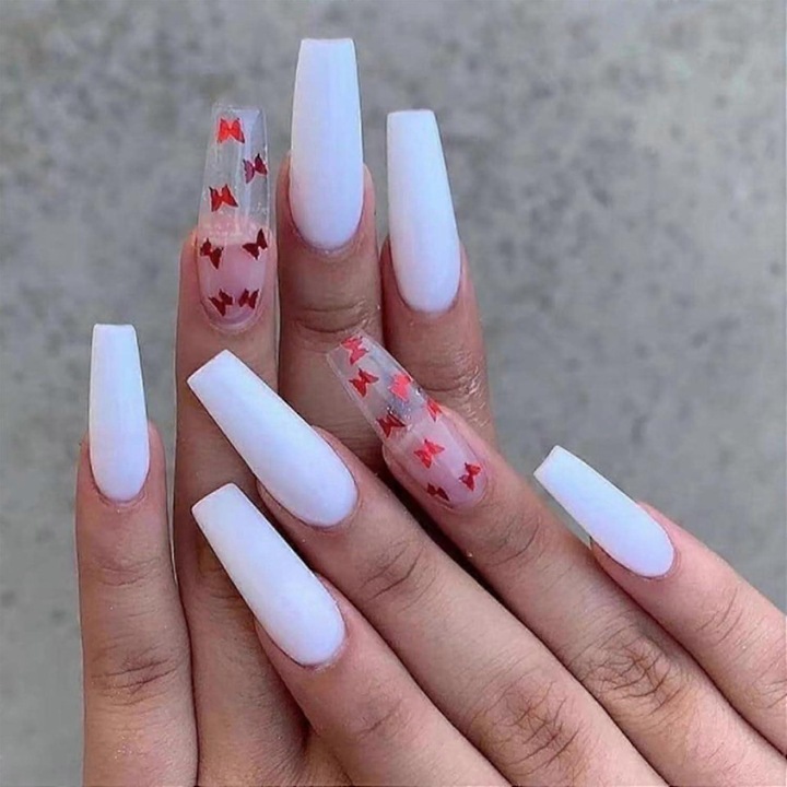 Set unghii false lungi, alb, 24pcs, cu fluturi, dimensiuni variate