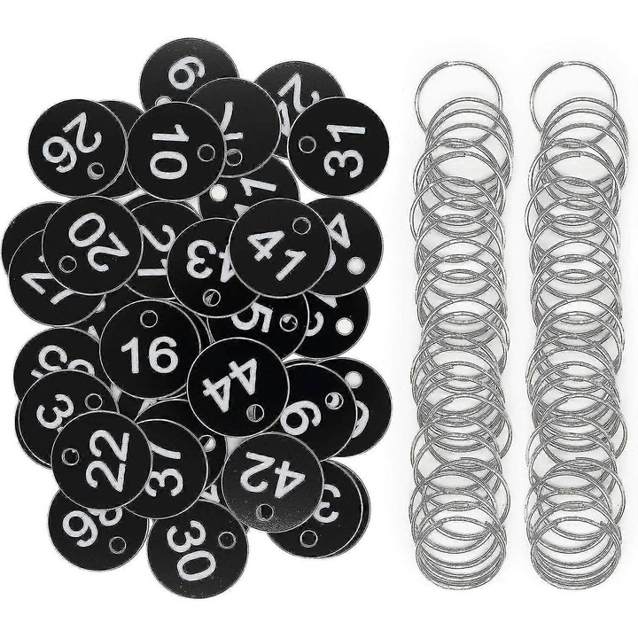Számozott kulcstartók, 1-50, 1.18" átmérő, fekete