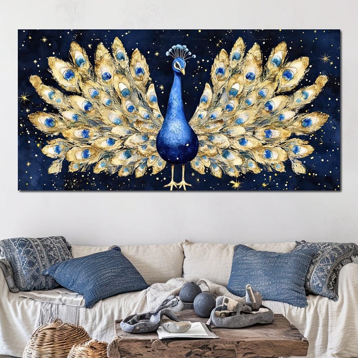 Премиум Канава Картина, LuxCanva® M1403, Песента на нощта, 70 X 140 СМ, Канава 100% Памук 400гр/м2, Дървена рамка, Нощен, Звезди, Космически, Екзотичен, Великолепие, Красота, Птица, Паун, Пера, Златист, Офис, Всекидневна, Детска стая