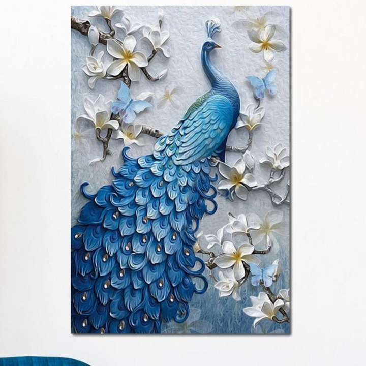 Tablou Canvas Premium, LuxCanva® M1404, Ascuns printre Magnolii, 70 X 100 CM, Panza Bumbac 100% 400g/m2, Sasiu Lemn, Pasare, Penaj, Flori, Ramuri, Eleganta, Paun, Coada, Petale, Natura, Pictura, Birou, Living, Camera Copil