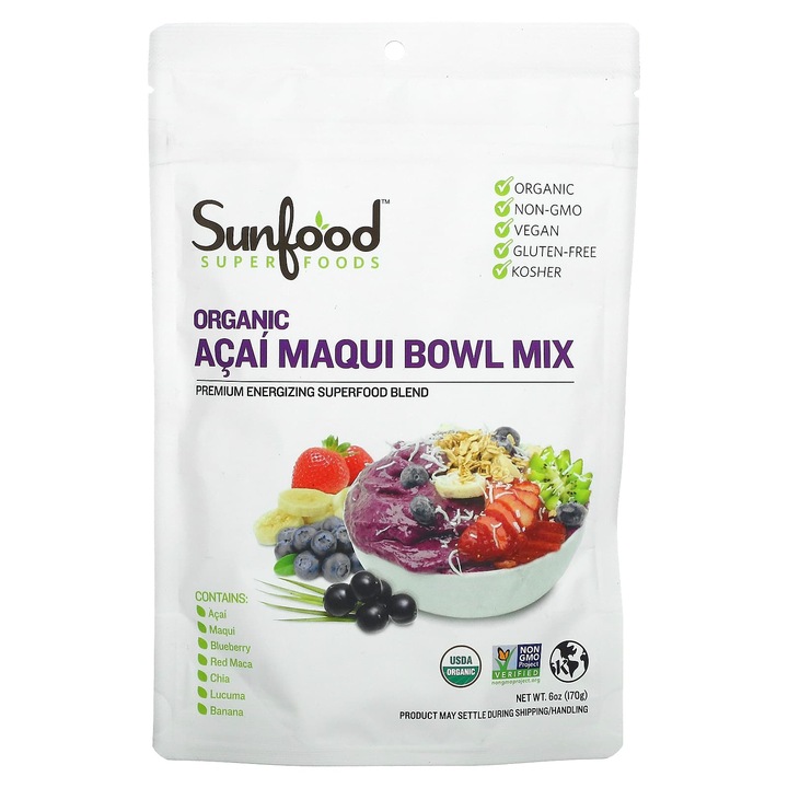 Amestec organic de superalimente pentru boluri acai cu maqui, Sunfood, 170 g, vegan, fara gluten