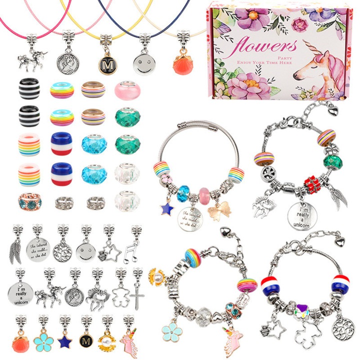 Kit Bratari Charm Tip, Set DIY，Accesorii Bijuterii Reglabile cu Lant, Margele, Coliere, Cristale si Metal, Handmade, 66 Piese, Cadou Fete, Multicolor
