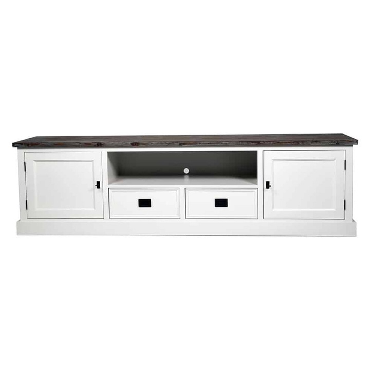 Comoda TV Lahoma, Lemn Masiv, 5 compartimente, 200x45x55, Alb/Maro