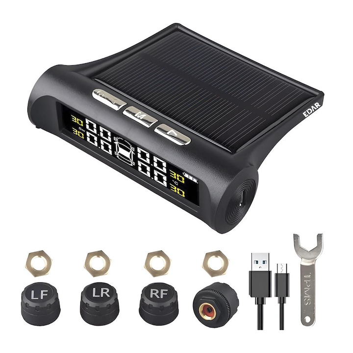 Set EDAR Sistem De Monitorizare A Presiunii Aerului Din Anvelope, Senzori Externi, Alarma, Auto-off, Incarcare Solara Si Micro USB, Afisaj LCD Pentru Verificarea Presiunii/Temperaturii In Timp Real, Potrivit Pentru Autoturisme, Culoare Neagra