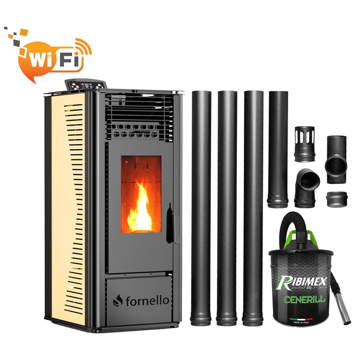 Set pentru incalzire format din Semineu (soba) pe peleti cu tiraj fortat Fornello SOPHIA WI-FI 11 kw, aspirator, kit de evacuare 3, 5 metri, telecomanda, Wi-fi, culoare Ivory