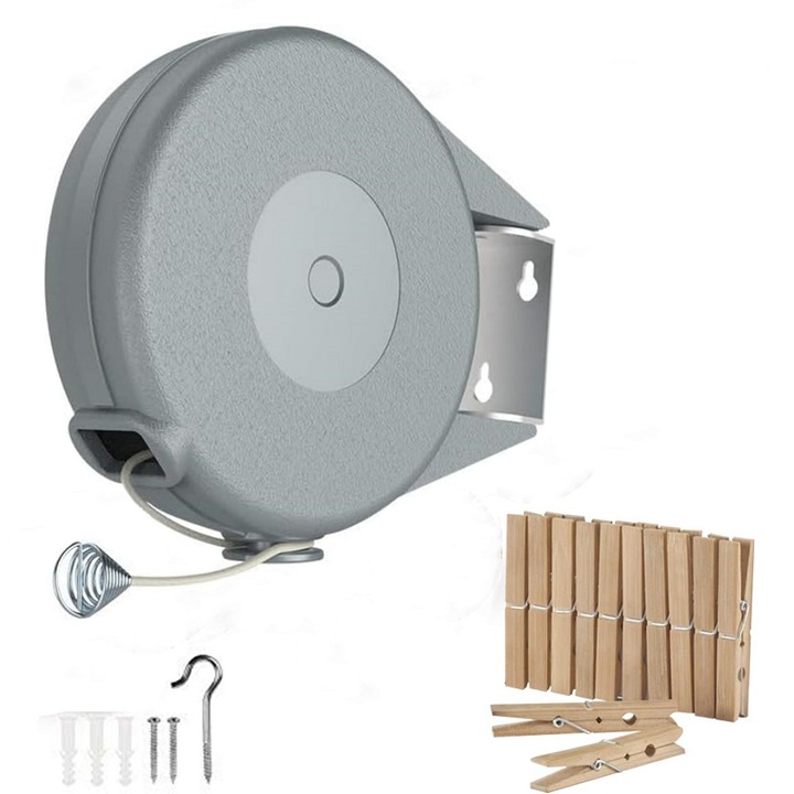 Uscator rufe retractabil KuviKoo™ 15m, capacitate 15kg, montaj rapid pe perete, portabil pentru interior/exterior, rezistent la rugina, sistem blocare ajustabil, economisire spatiu, ideal pentru balcon, baie sau camping, gri