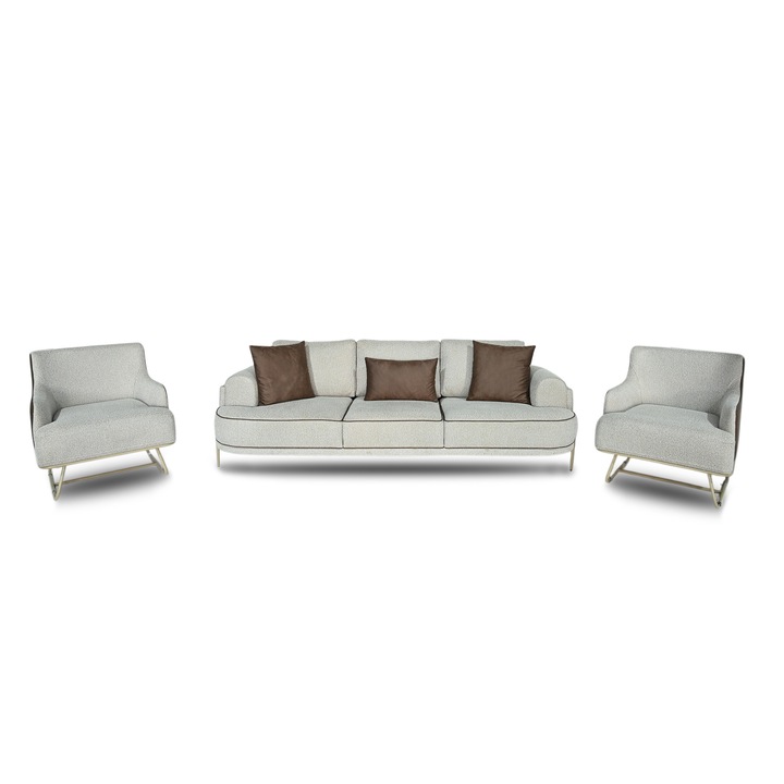 Set canapea fixa cu doua fotolii Bomanti cu 3 locuri, Crem/Maro, 240x100 cm