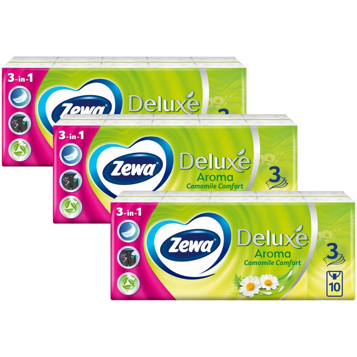 Servetele nazale Zewa Deluxe Camomile 3 straturi, 3 pachete de 10 bucati