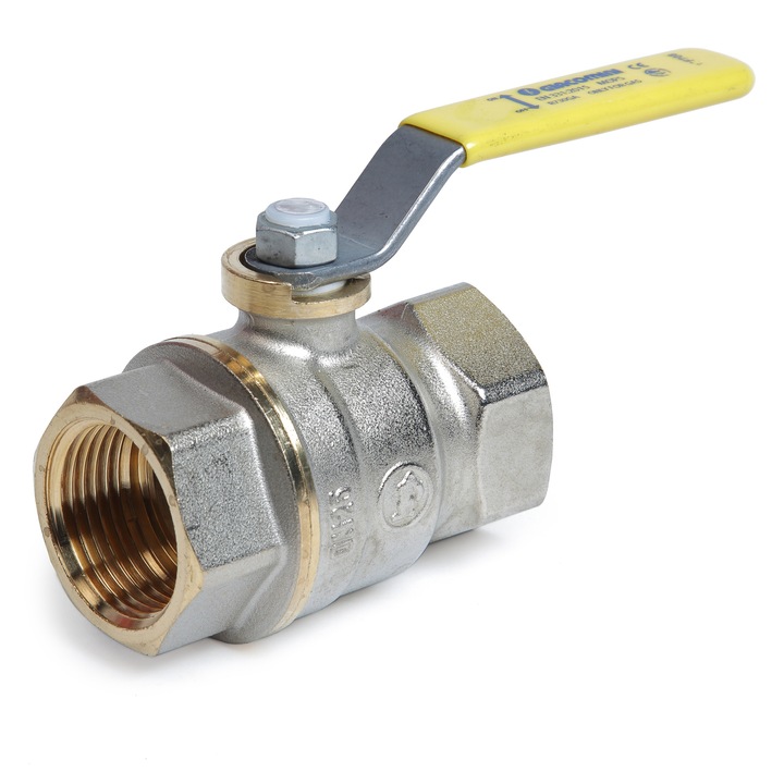 Golyóscsap Giacomini R730GAX004, 3/4” belső menetes, sárga acélkar, veszélyes gázhoz, nikkelezett sárgaréz