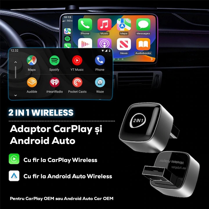 Adaptor Auto Wireless 2-in-1 - Apple CarPlay & Android Auto, fara