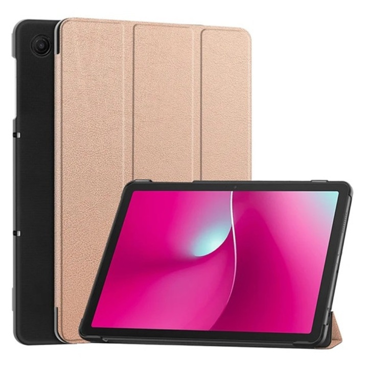 Gigapack tabletvédő álló, bőr hatású, aktív flip, oldalra nyíló, trifold, asztali tartó, rozéarany, kompatibilis: T Tablet 2 5G