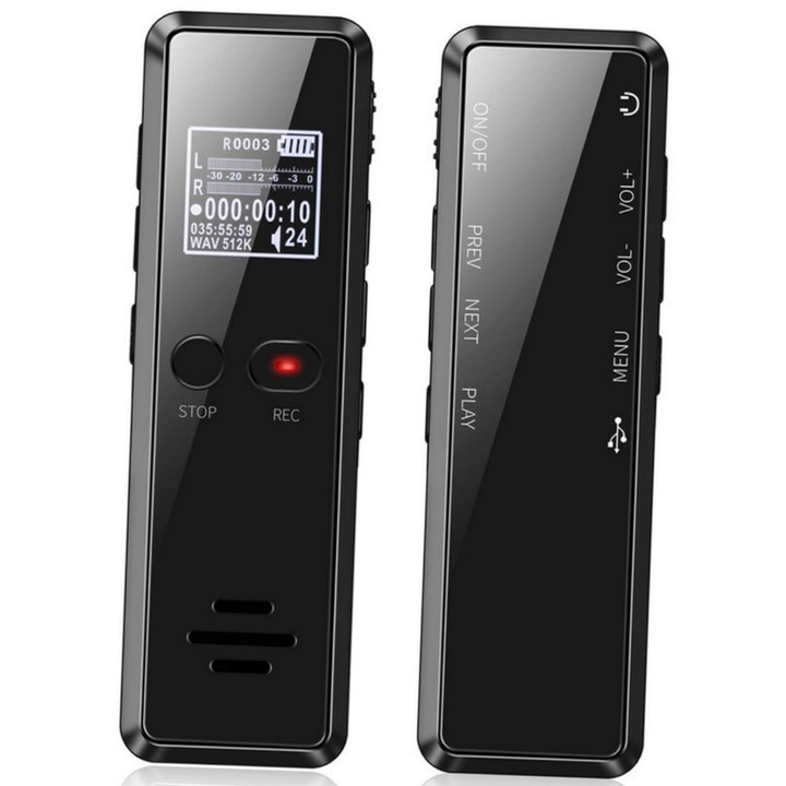 Диктофон с гласова активация, MP3 - 32 GB, Висока разделителна способност и автоматично шумопотискане, Дълъг живот на батерията, Лесен за използване, Разнообразен, Черен