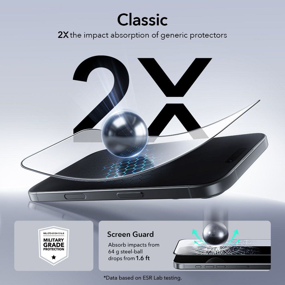 Set 2 folii sticla ESR UltraFit Tempered Glass, Kit montare inclus, compatibila cu iPhone 16 Pro / iPhone 17, Transparent