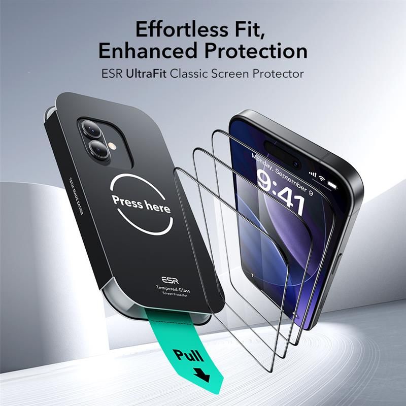 Set 2 folii sticla ESR UltraFit Tempered Glass, Kit montare inclus, compatibila cu iPhone 16 Pro / iPhone 17, Transparent