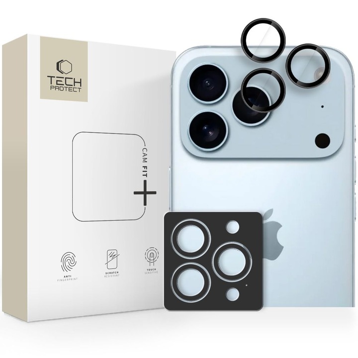 Tech-Protect Camring Fit Plus üveg kamera lencsevédő készlet, kompatibilis iPhone 14 Pro / Max / 15 Pro / Max / 16 Pro / Max / 17 Pro / Max, Fekete