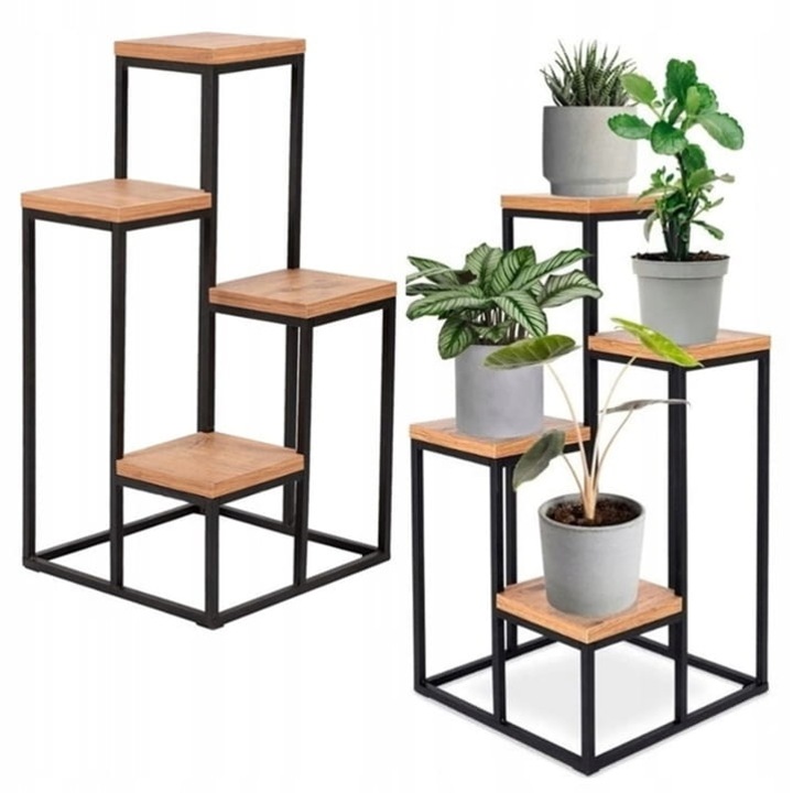 Suport flori Pegaz, metal + lemn, 4 rafturi, 34x34x67cm, 2 rafturi