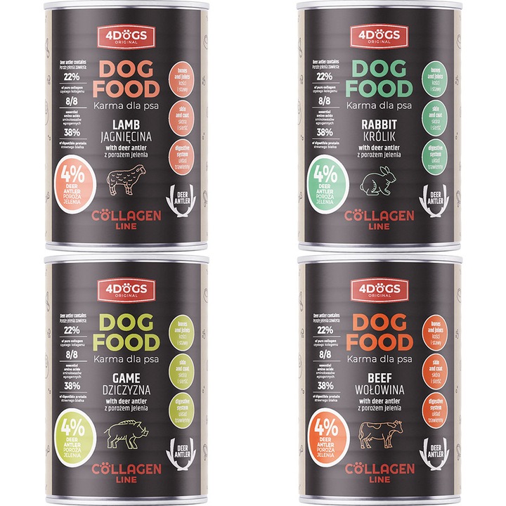 Mancare caini, 4DOGS Collagen Line, 4x400g, cu carne de miel, vita, iepure si vanat, cu colagen natural